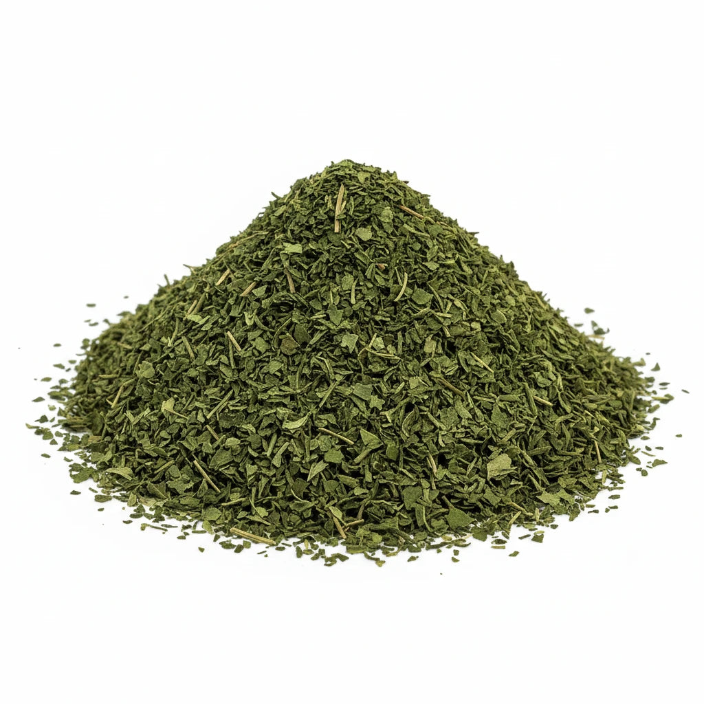 Pile of dried thyme leaves from trinidad
