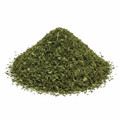 Pile of dried thyme leaves from trinidad